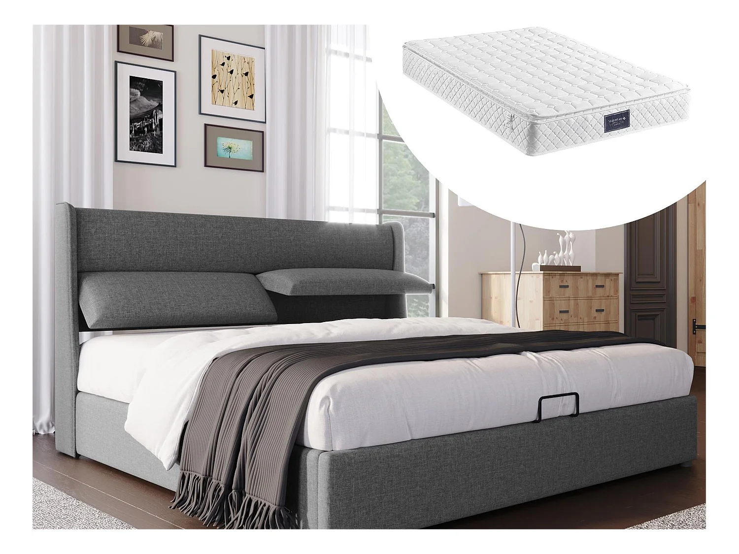 Lit coffre 160 x 200 cm - tissu lin - appuie-têtes réglables - gris + matelas