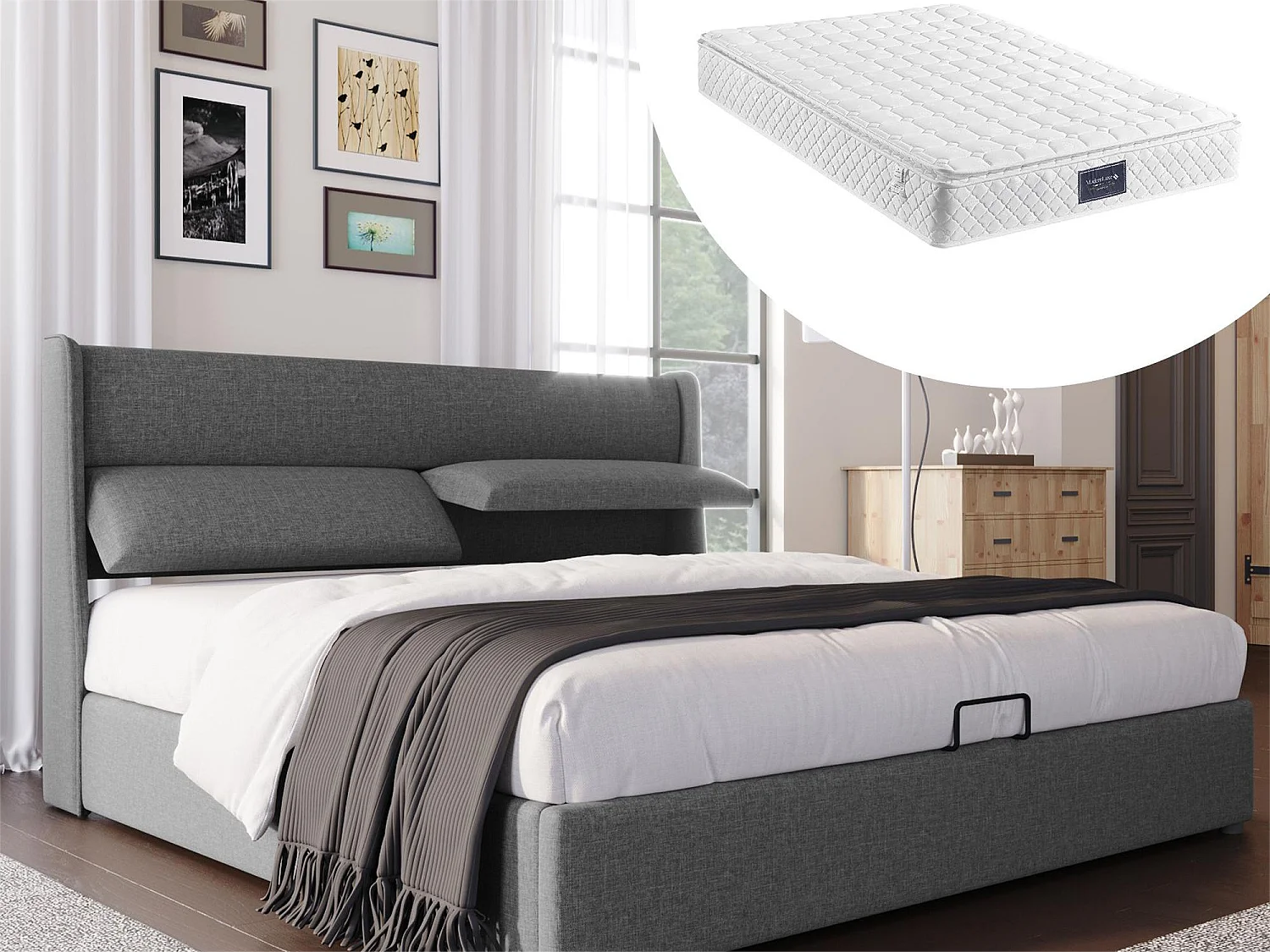 Lit coffre 160 x 200 cm - tissu lin - appuie-têtes réglables - gris + matelas