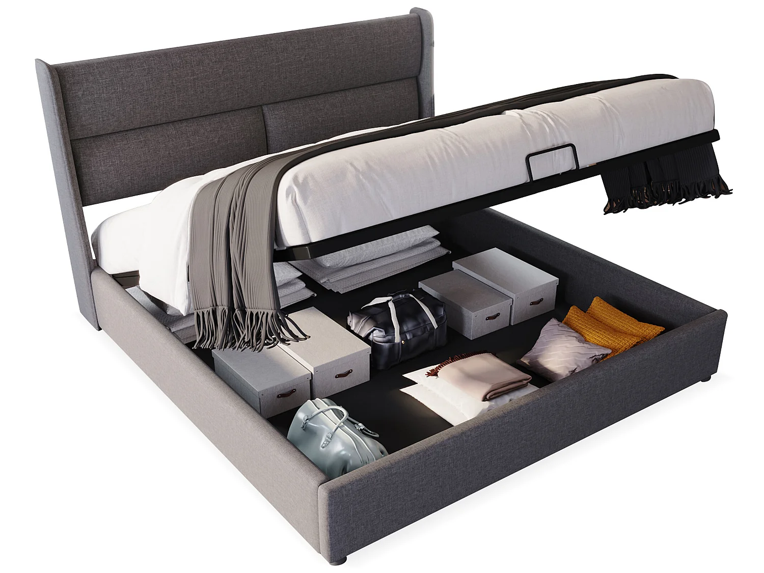 Lit coffre 160 x 200 cm - tissu lin - appuie-têtes réglables - gris + matelas