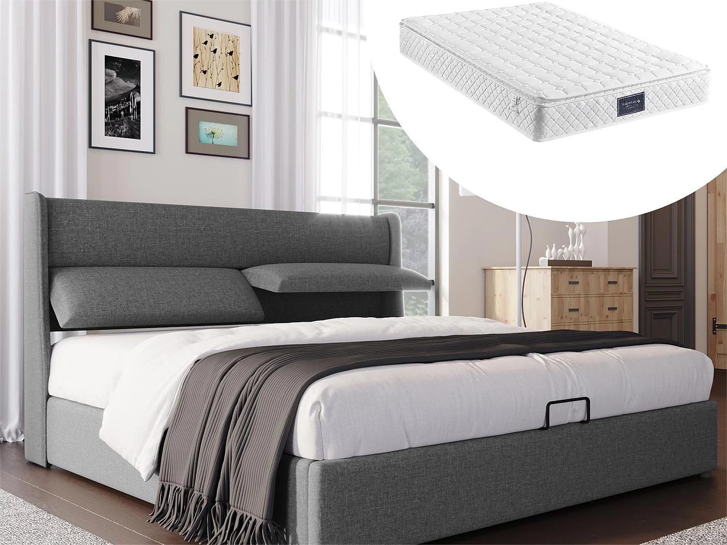 Lit coffre 160 x 200 cm - tissu lin - appuie-têtes réglables - gris + matelas