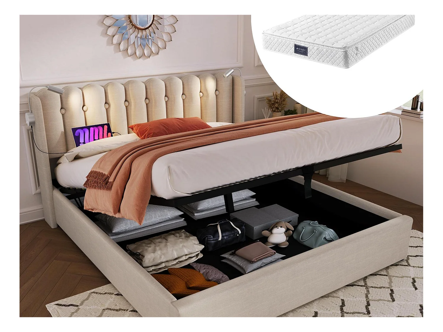 Lit coffre 140 x 200 cm - lampe de lecture et USB - tissu lin - coloris naturel + matelas