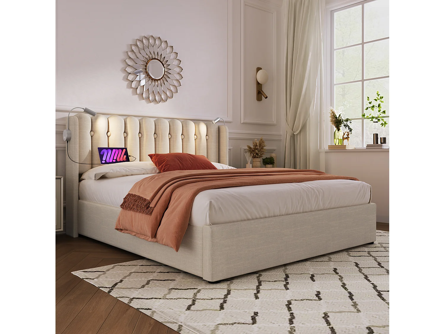 Łóżko ze schowkiem 140 x 200 cm - lampka do czytania i USB - tkanina lniana - kolor naturalny + materac