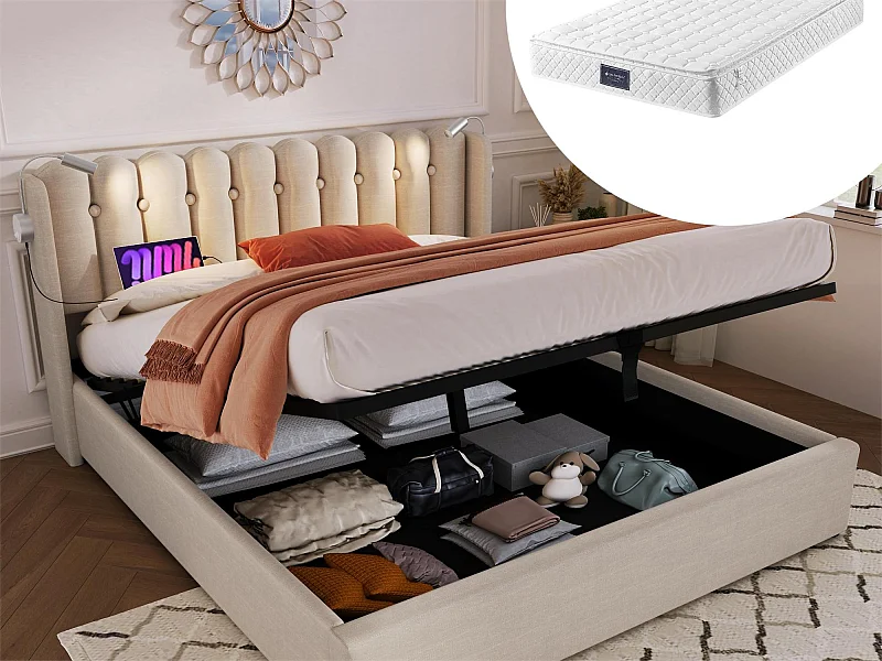 Łóżko ze schowkiem 140 x 200 cm - lampka do czytania i USB - tkanina lniana - kolor naturalny + materac