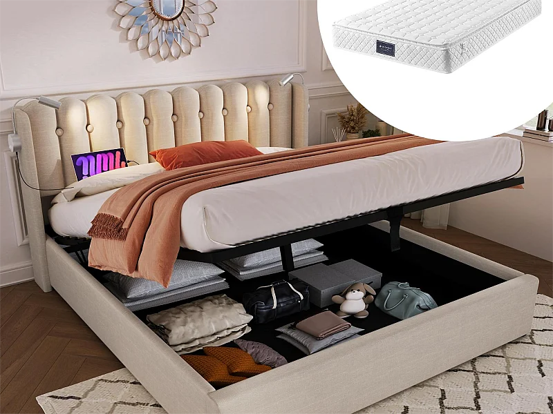 Lit coffre 140 x 200 cm - lampe de lecture et USB - tissu lin - coloris naturel + matelas