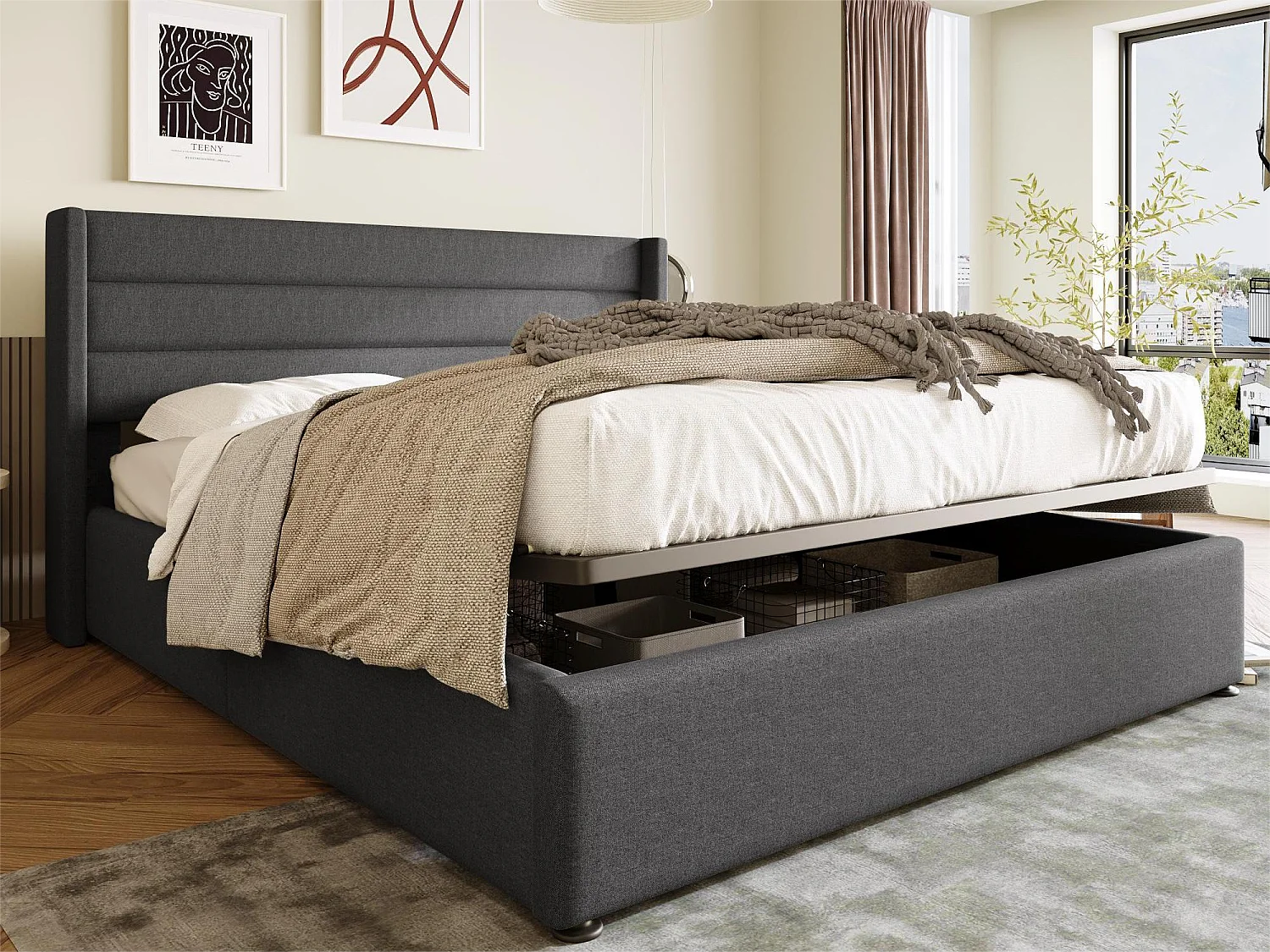 Opbergbed 180 x 200 cm - linnen stof - lattenbodem - grijs