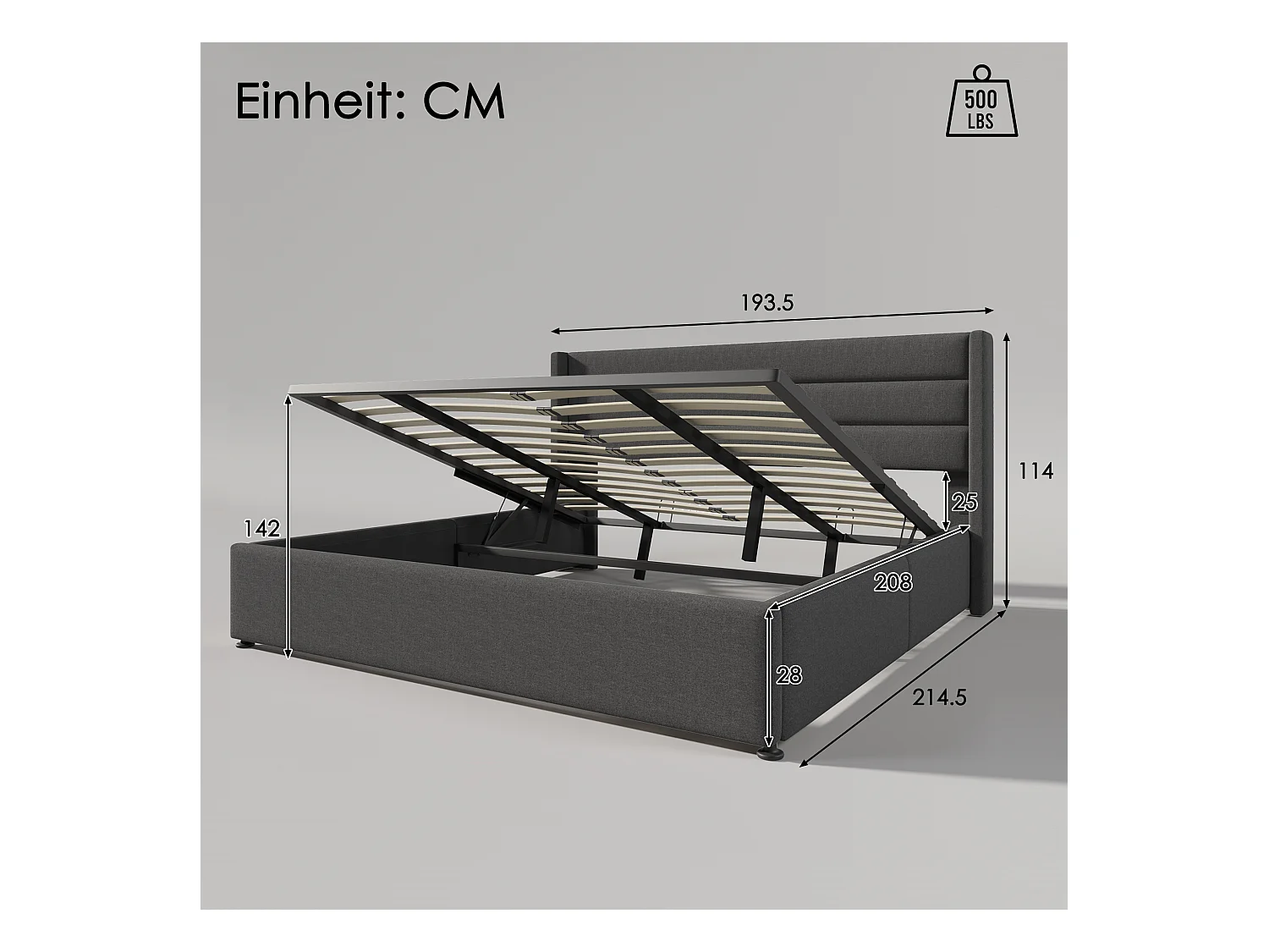 Opbergbed 180 x 200 cm - linnen stof - lattenbodem - grijs