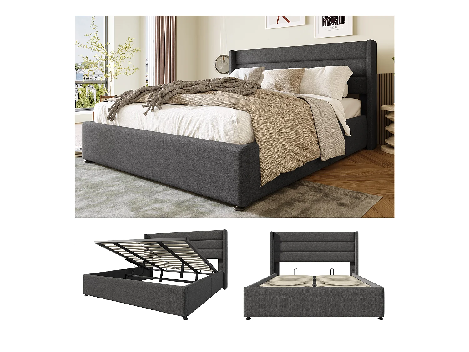 Opbergbed 180 x 200 cm - linnen stof - lattenbodem - grijs