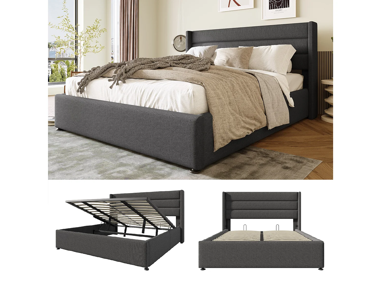 Opbergbed 180 x 200 cm - linnen stof - lattenbodem - grijs