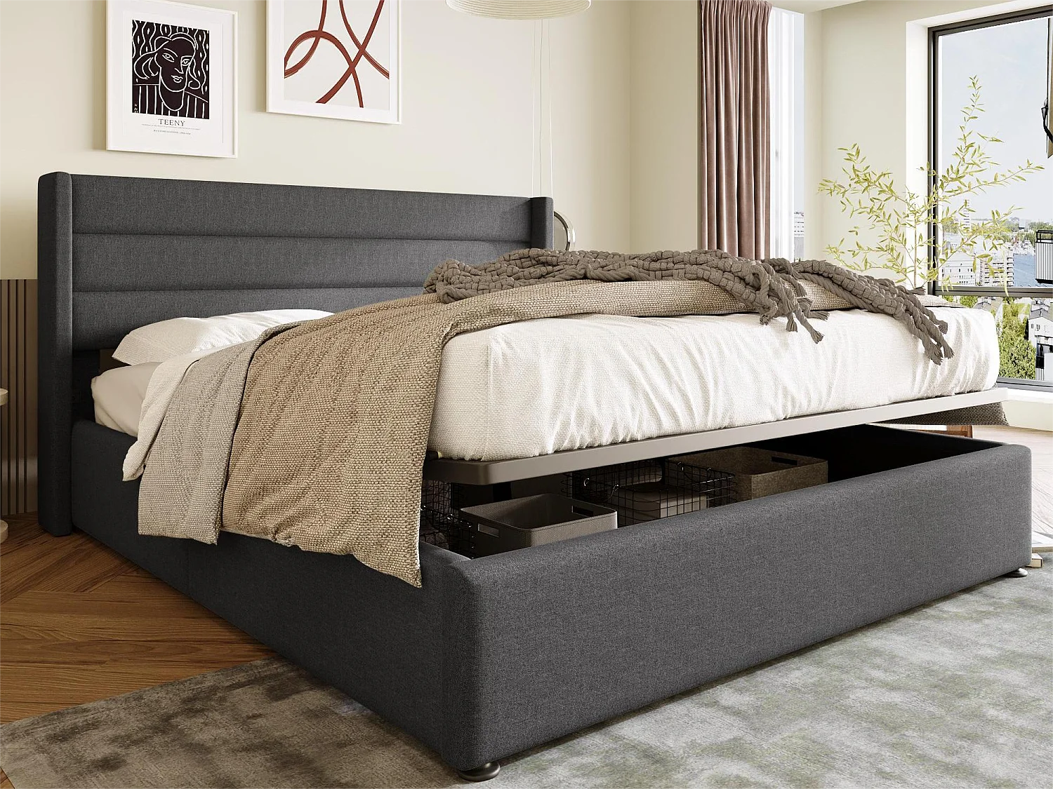 Opbergbed 180 x 200 cm - linnen stof - lattenbodem - grijs