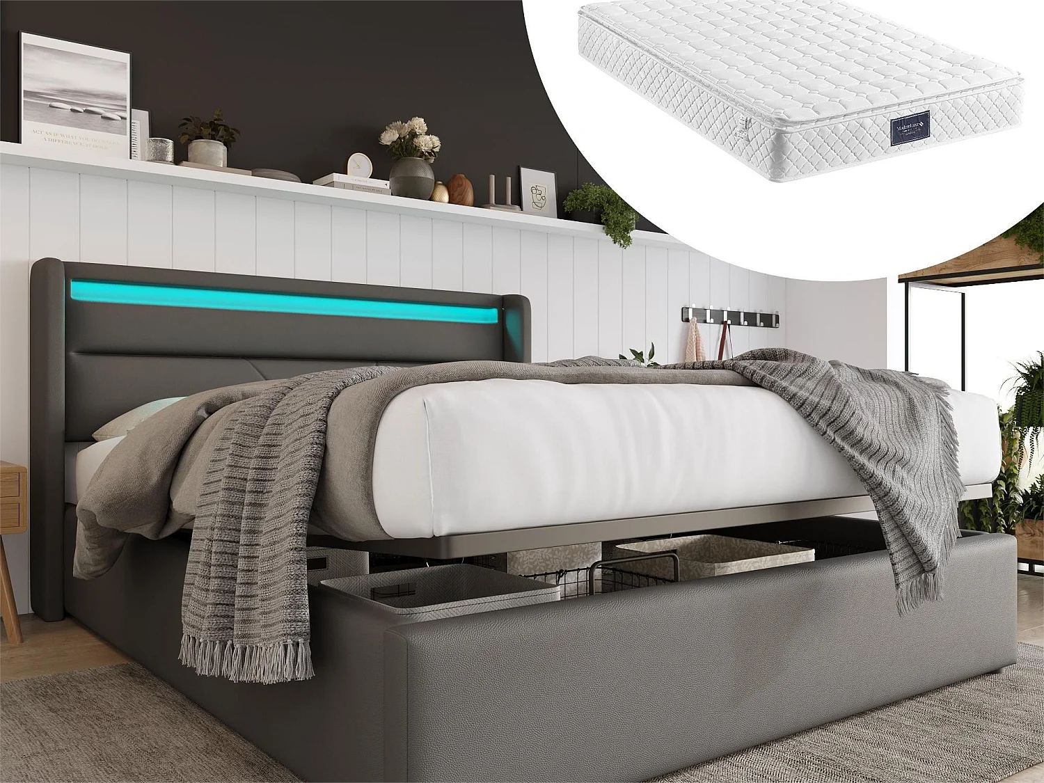 Opbergbed 160 x 200 cm - pu leer - LED's - grijs + matras