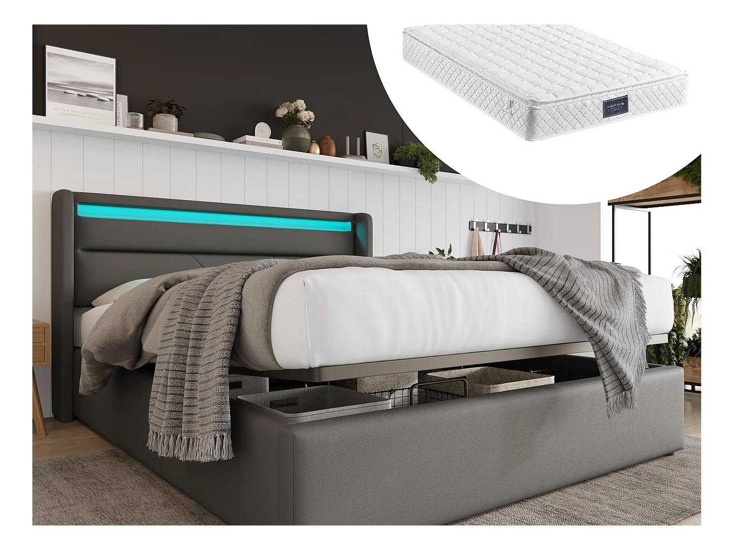 Lit coffre 160 x 200 cm - cuir pu - LEDs - gris + matelas
