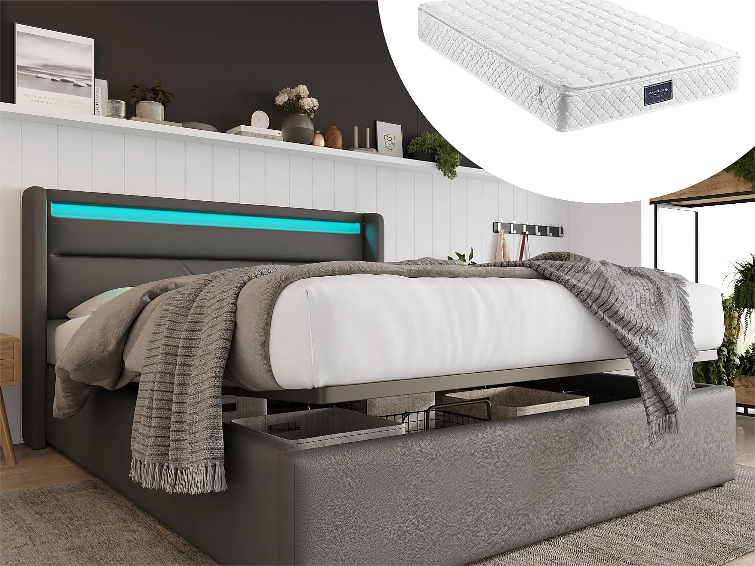 Opbergbed 160 x 200 cm - pu leer - LED's - grijs + matras