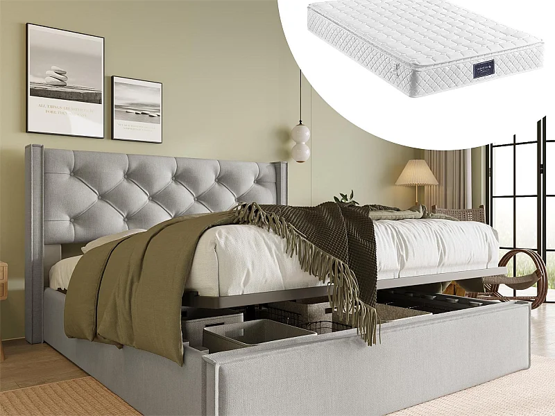 Lit coffre 140 x 200 cm - lin - sommier à lattes - gris clair + matelas