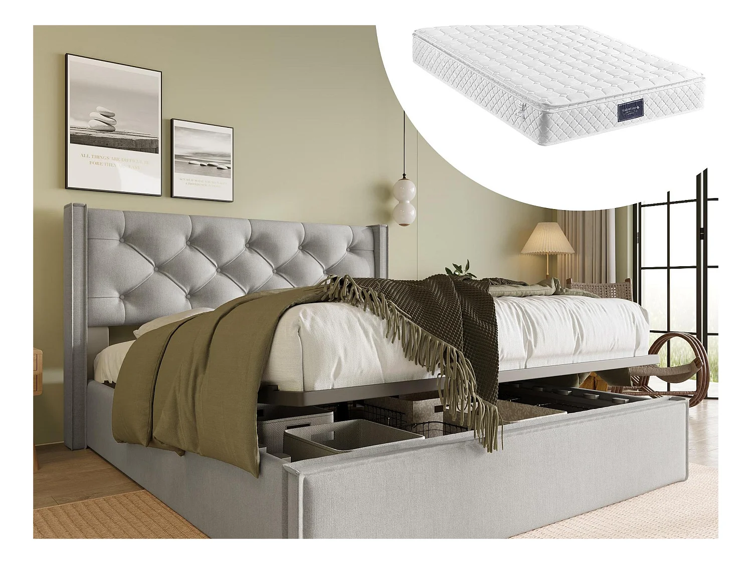 Lit coffre 140 x 200 cm - lin - sommier à lattes - gris clair + matelas
