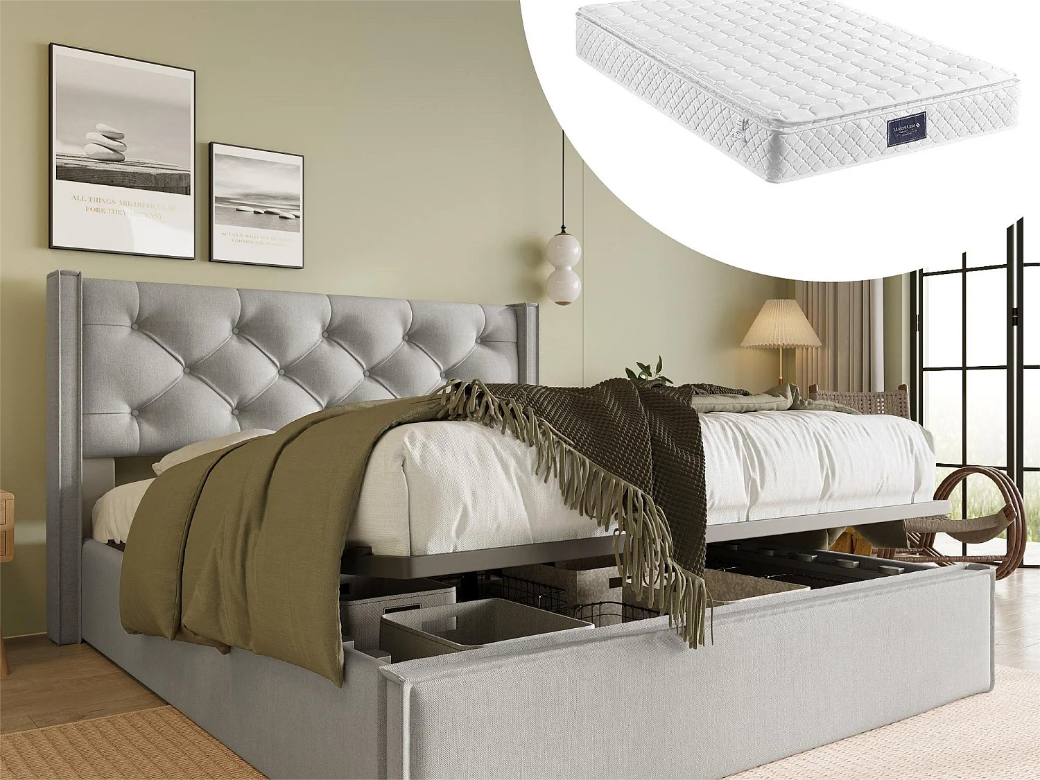 Bett mit Stauraum 140 x 200 cm – Leinen – Lattenrost – Hellgrau + Matratze