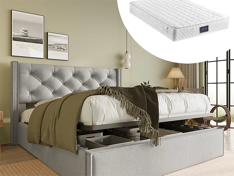 Bett mit Stauraum 140 x 200 cm – Leinen – Lattenrost – Hellgrau + Matratze
