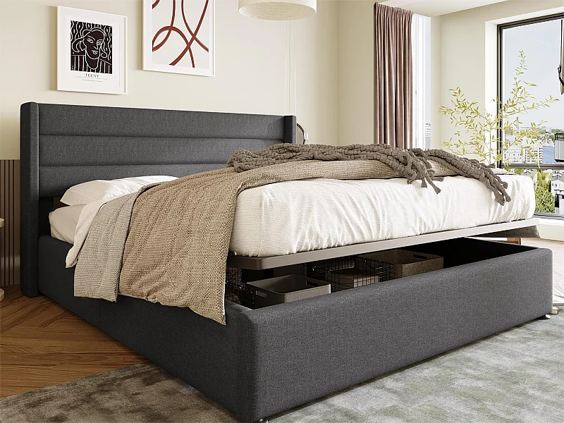 Bett mit Stauraum 160 x 200 cm – Leinenstoff – Lattenrost – graue Farbe