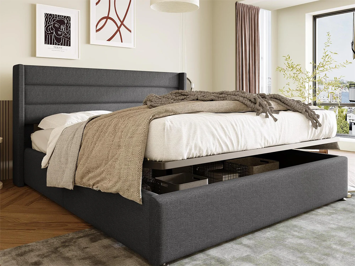 Letto contenitore 160 x 200 cm - tessuto lino - rete a doghe - colore grigio