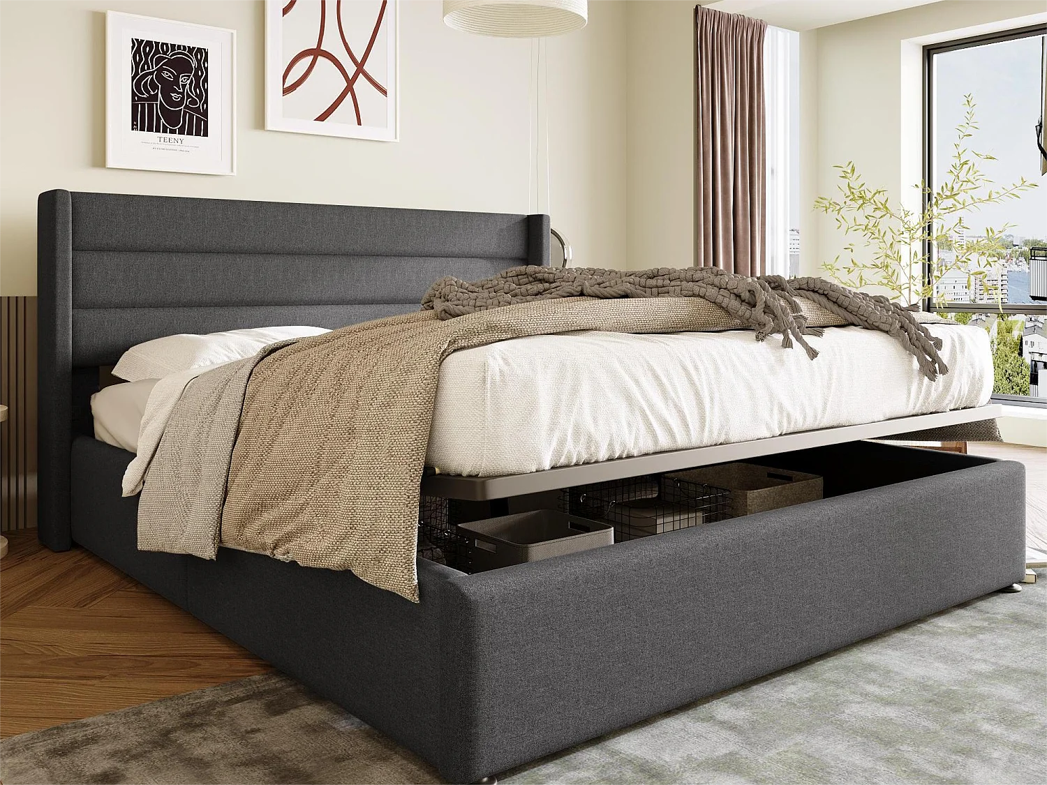 Letto contenitore 160 x 200 cm - tessuto lino - rete a doghe - colore grigio