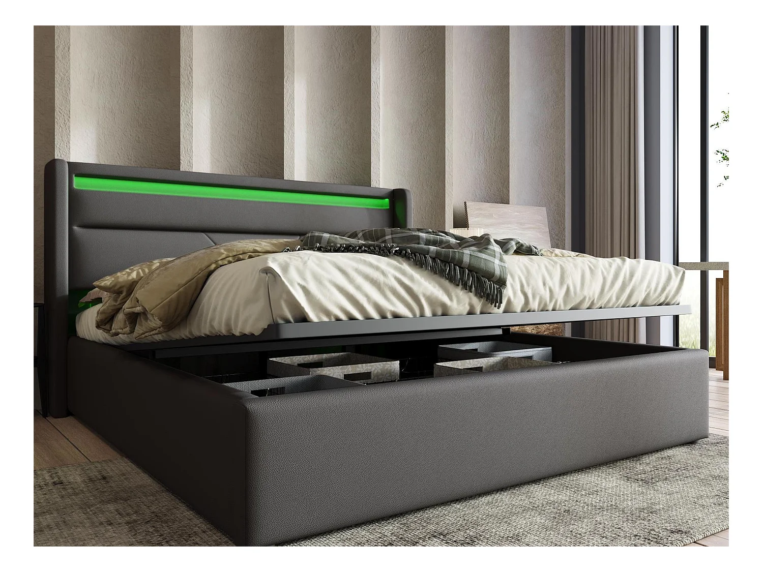 Opbergbed 160 x 200 cm - pu leer - LED's - lattenbodem - grijs