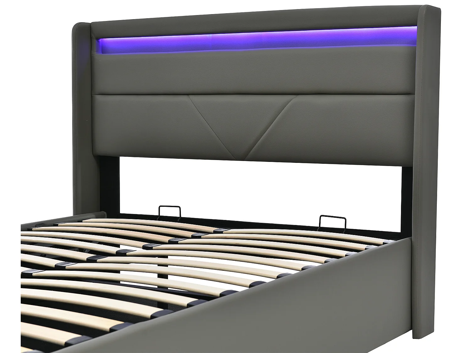 Lit coffre 160 x 200 cm - cuir pu - LEDs - sommier à lattes - gris