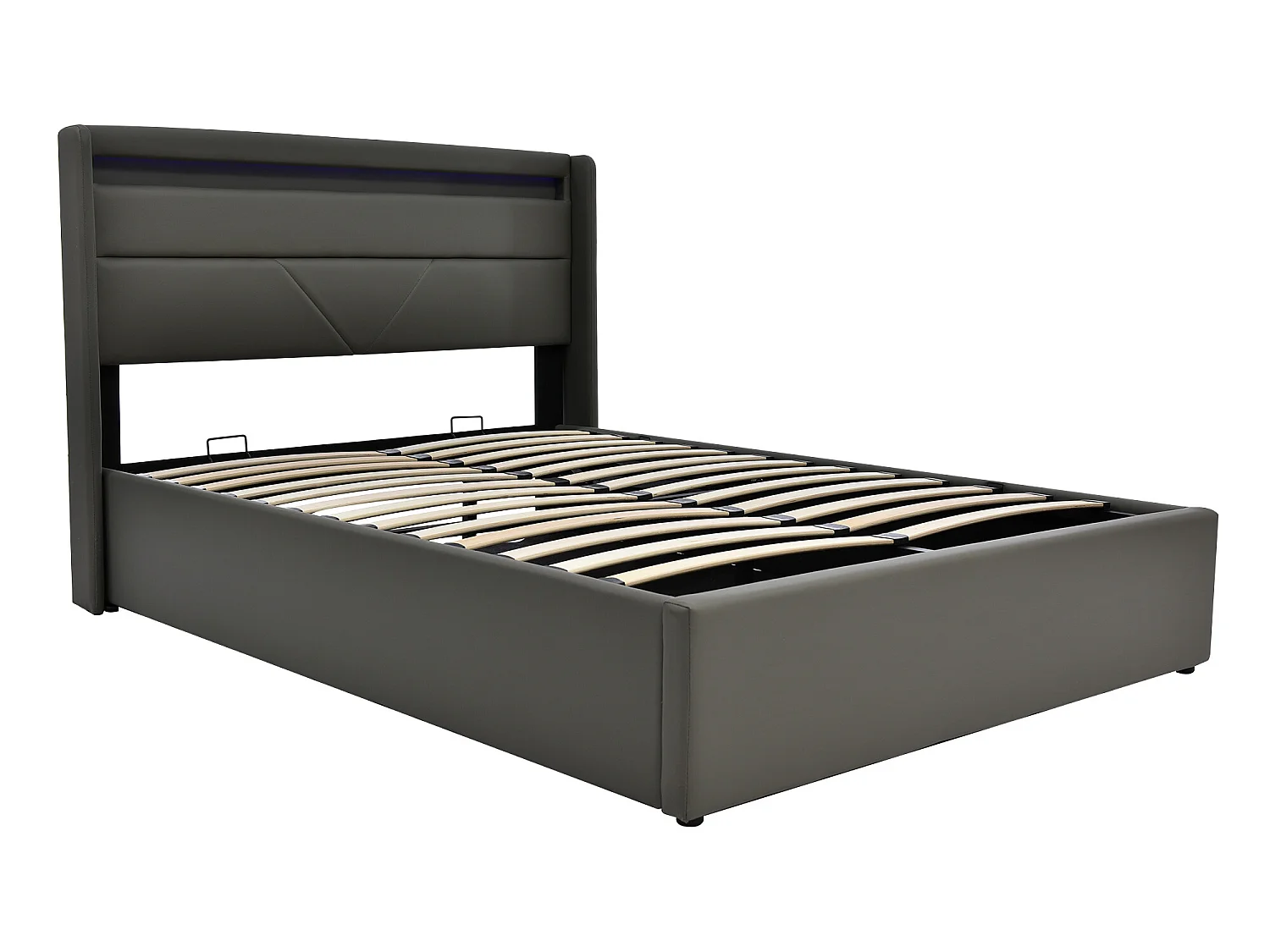 Lit coffre 160 x 200 cm - cuir pu - LEDs - sommier à lattes - gris