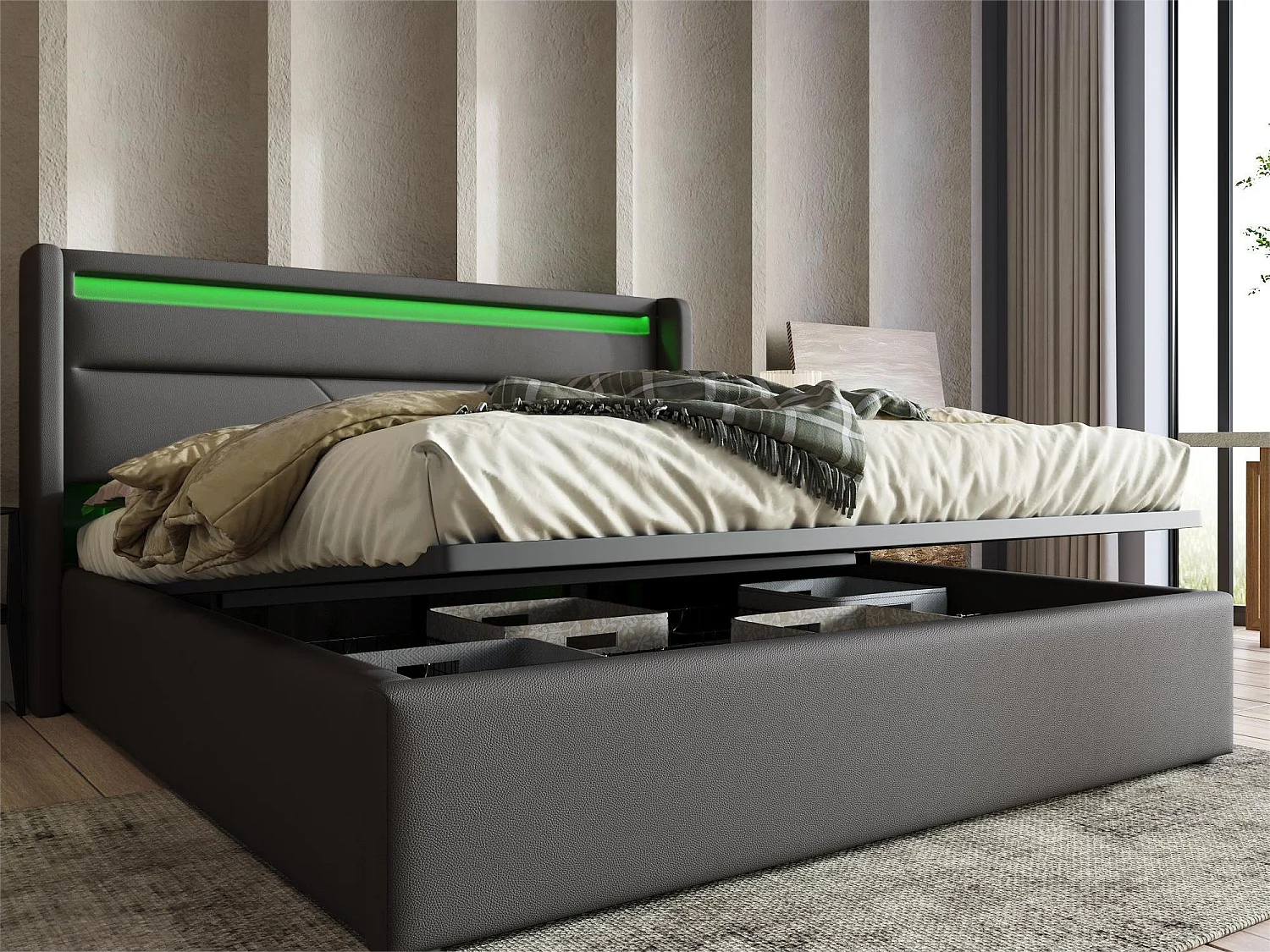 Opbergbed 160 x 200 cm - pu leer - LED's - lattenbodem - grijs