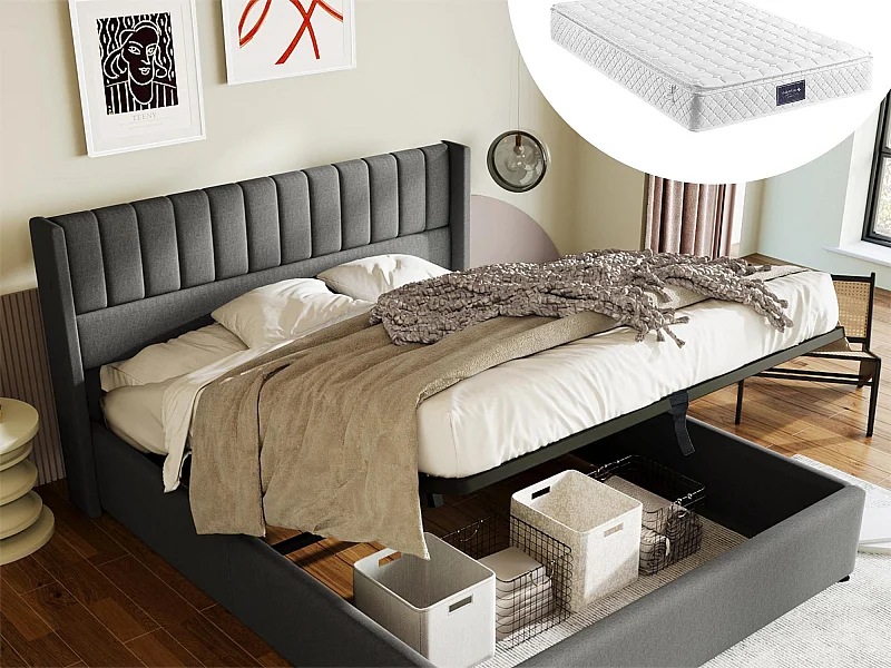 Lit coffre 140 x 200 cm - tissu lin - couture rayures - coloris gris + matelas