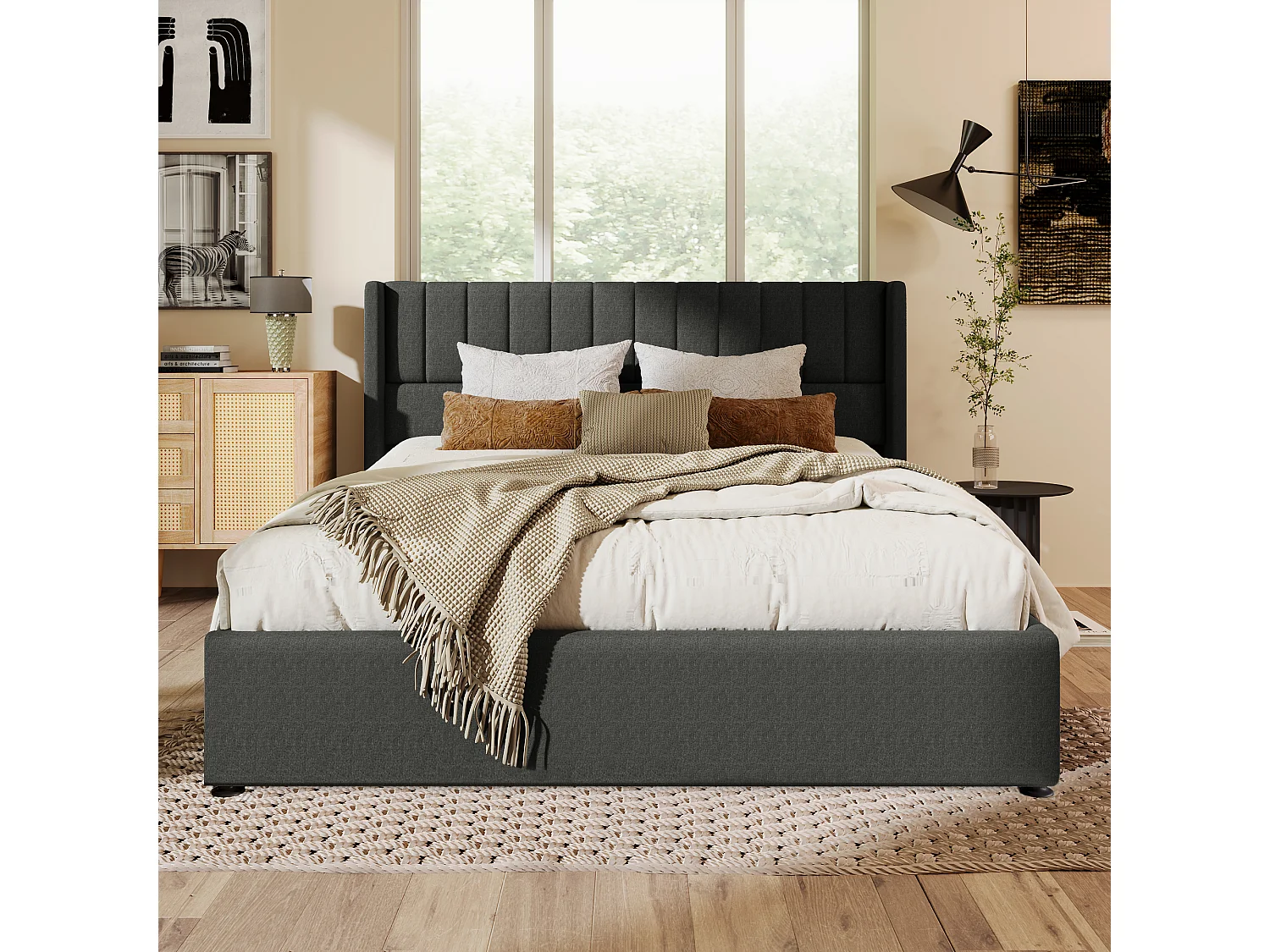 Cama de armazenamento 140 x 200 cm - tecido de linho - costura listrada - cor cinza + colchão