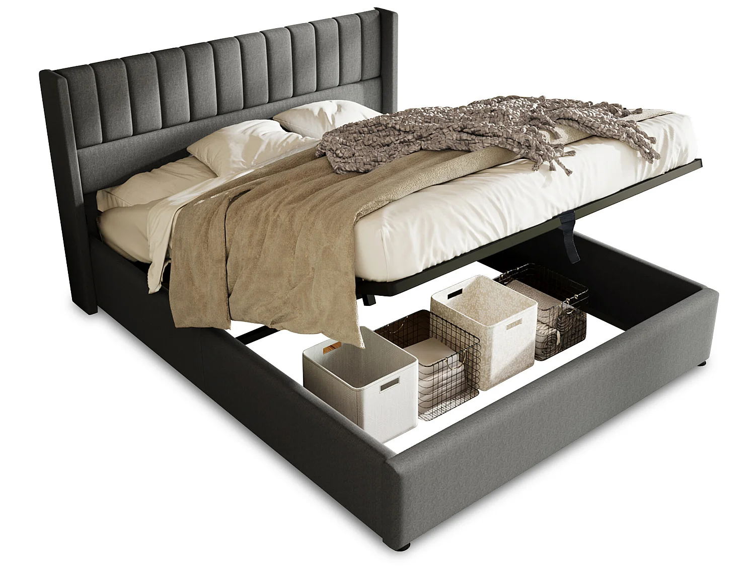 Cama de armazenamento 140 x 200 cm - tecido de linho - costura listrada - cor cinza + colchão