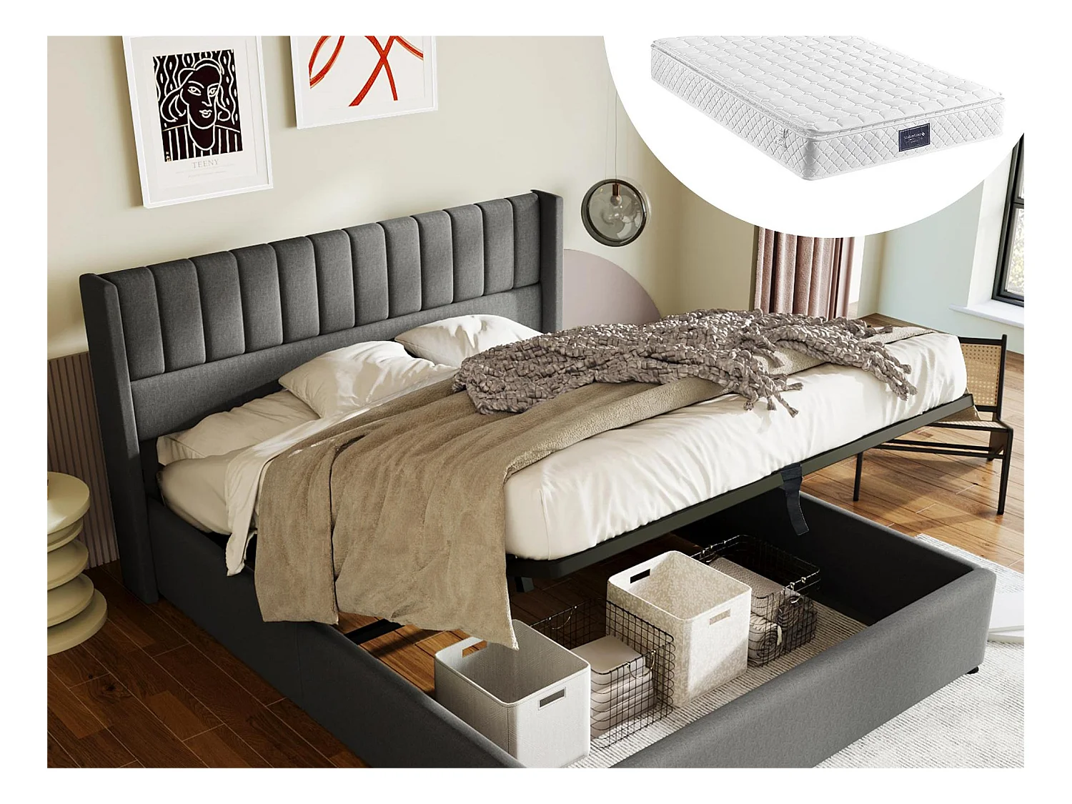 Bett mit Stauraum 140 x 200 cm – Leinenstoff – gestreifte Nähte – graue Farbe + Matratze