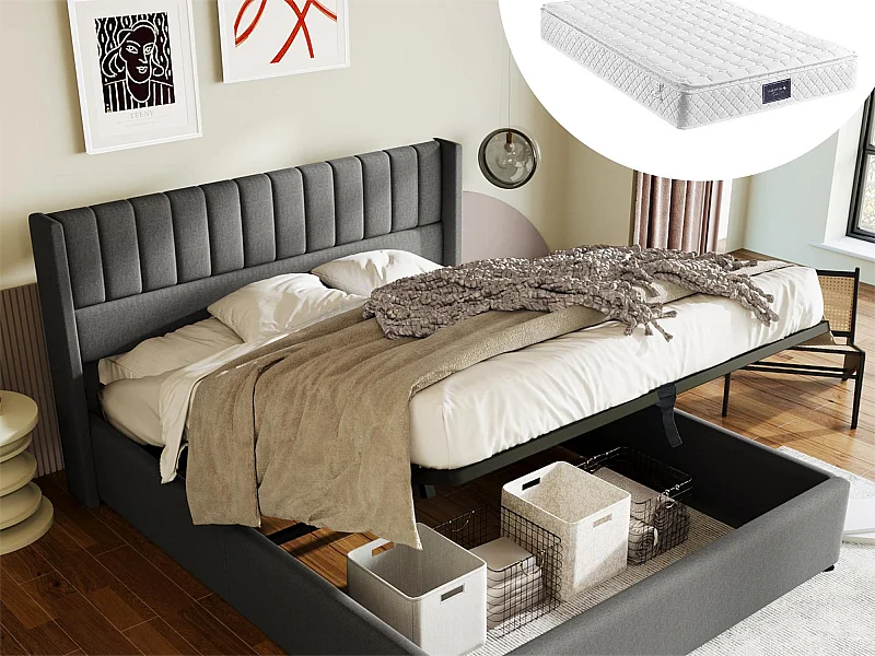 Lit coffre 140 x 200 cm - tissu lin - couture rayures - coloris gris + matelas