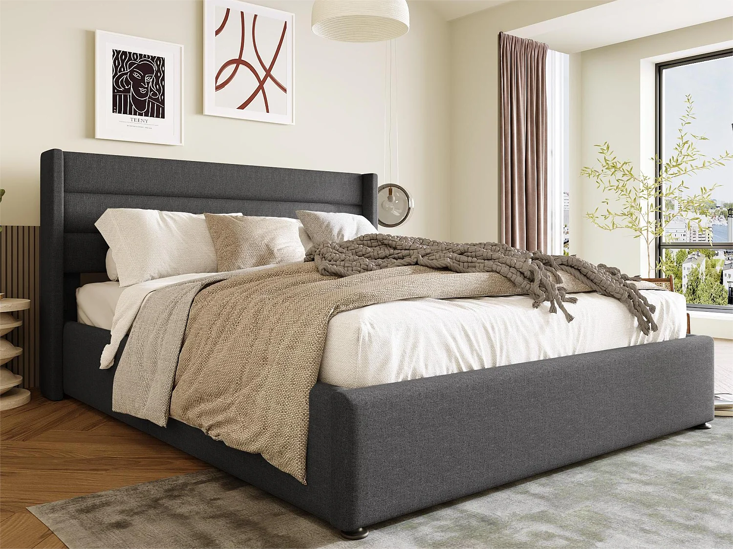 Cama contenedor 140 x 200 cm - tela de lino - somier de láminas - color gris