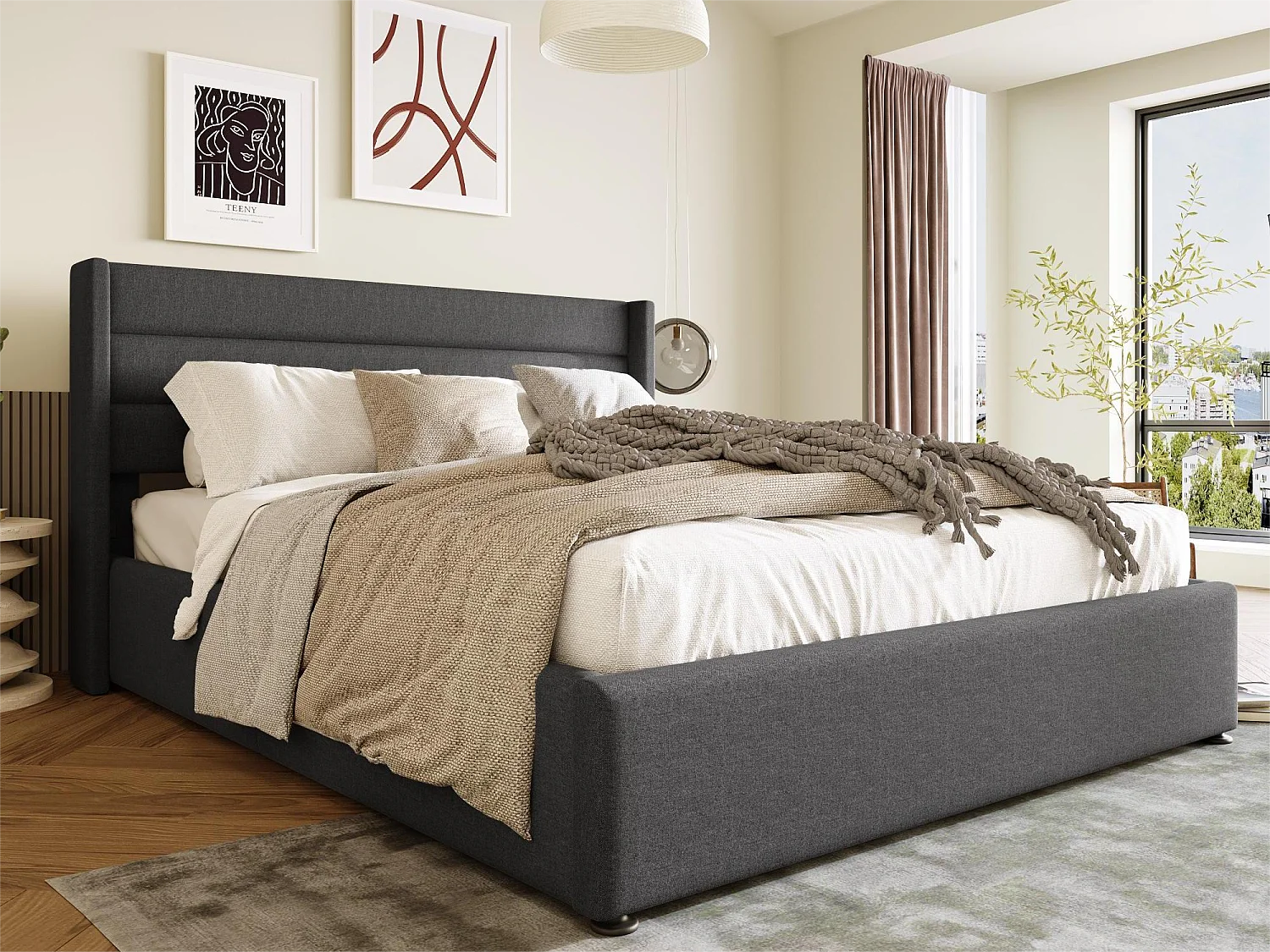 Letto contenitore 140 x 200 cm - tessuto lino - rete a doghe - colore grigio