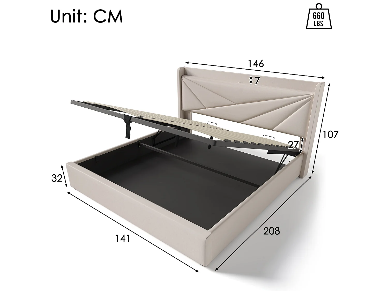 Opbergbed 140 x 200 cm - USB en type C - linnen stof - lattenbodem - beige + matras