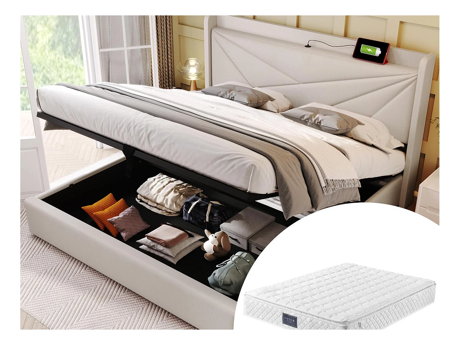 Lit coffre 140 x 200 cm - USB et type C - tissu lin - sommier à lattes - beige + matelas