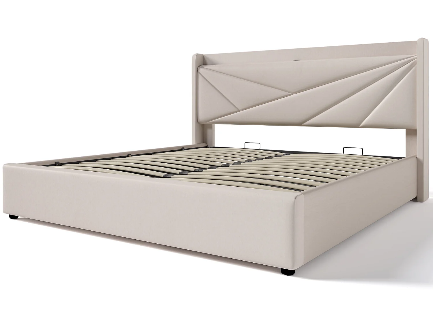 Lit coffre 140 x 200 cm - USB et type C - tissu lin - sommier à lattes - beige + matelas