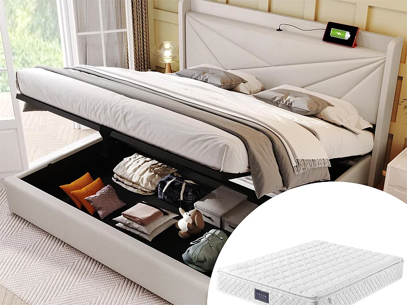 Lit coffre 140 x 200 cm - USB et type C - tissu lin - sommier à lattes - beige + matelas
