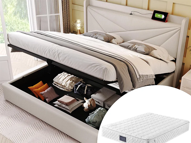 Lit coffre 140 x 200 cm - USB et type C - tissu lin - sommier à lattes - beige + matelas