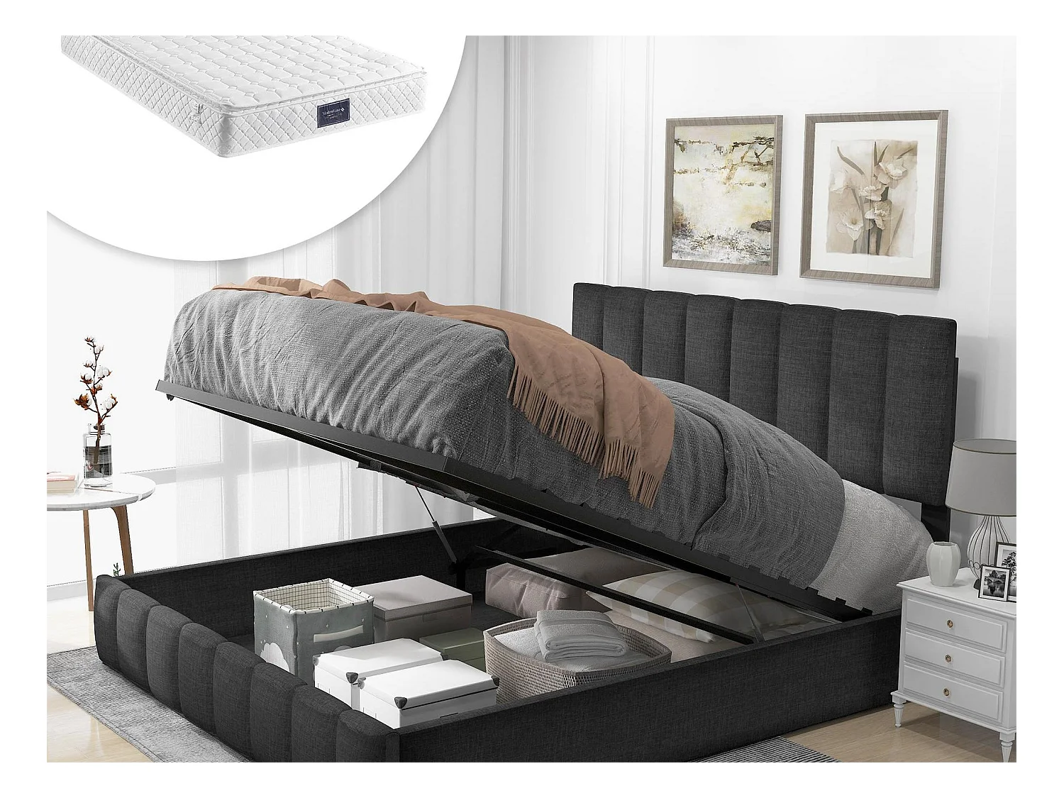 Opbergbed 140 x 200 cm - linnen stof - lattenbodem - kleur grijs + matras