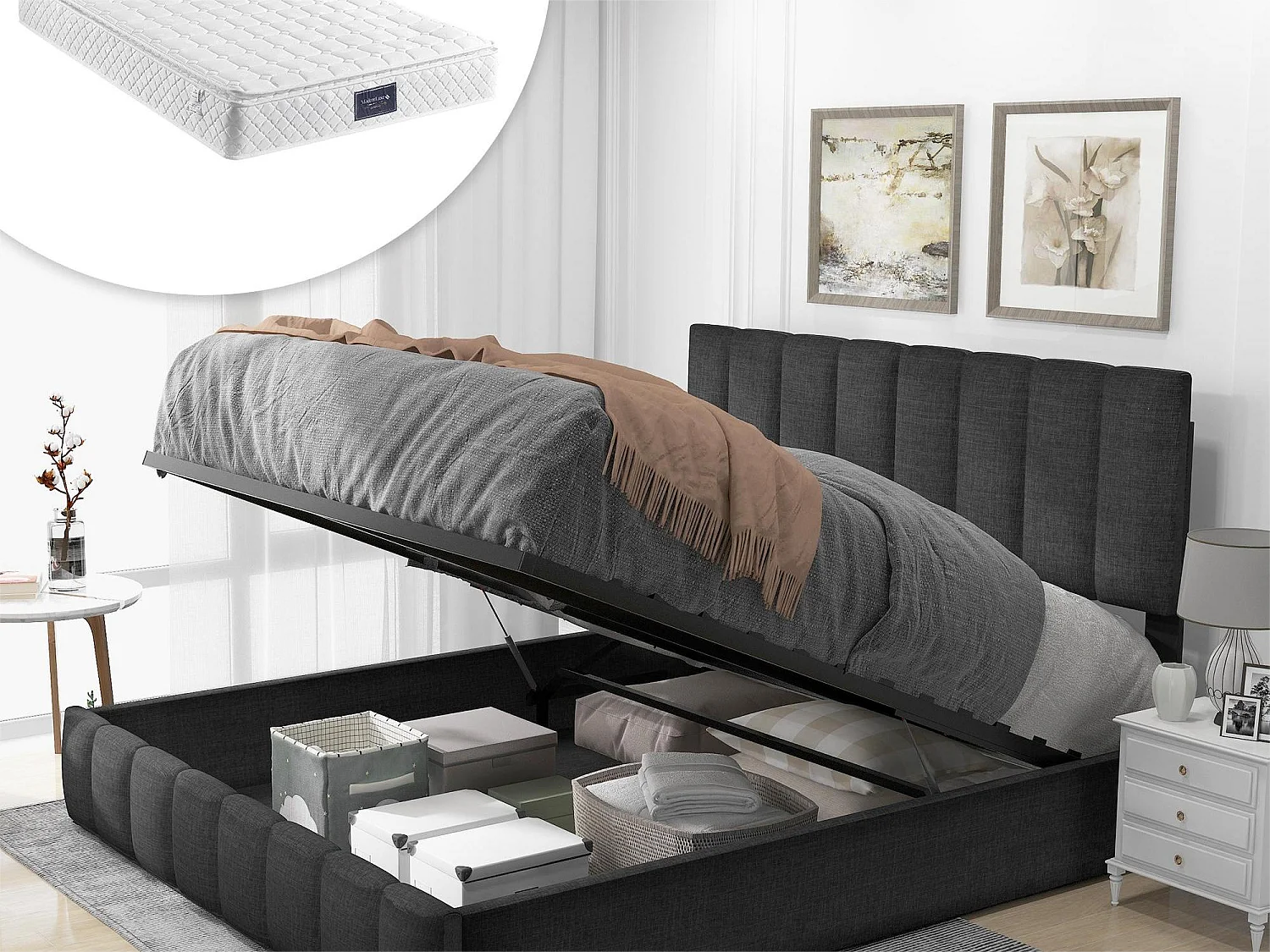 Opbergbed 140 x 200 cm - linnen stof - lattenbodem - kleur grijs + matras