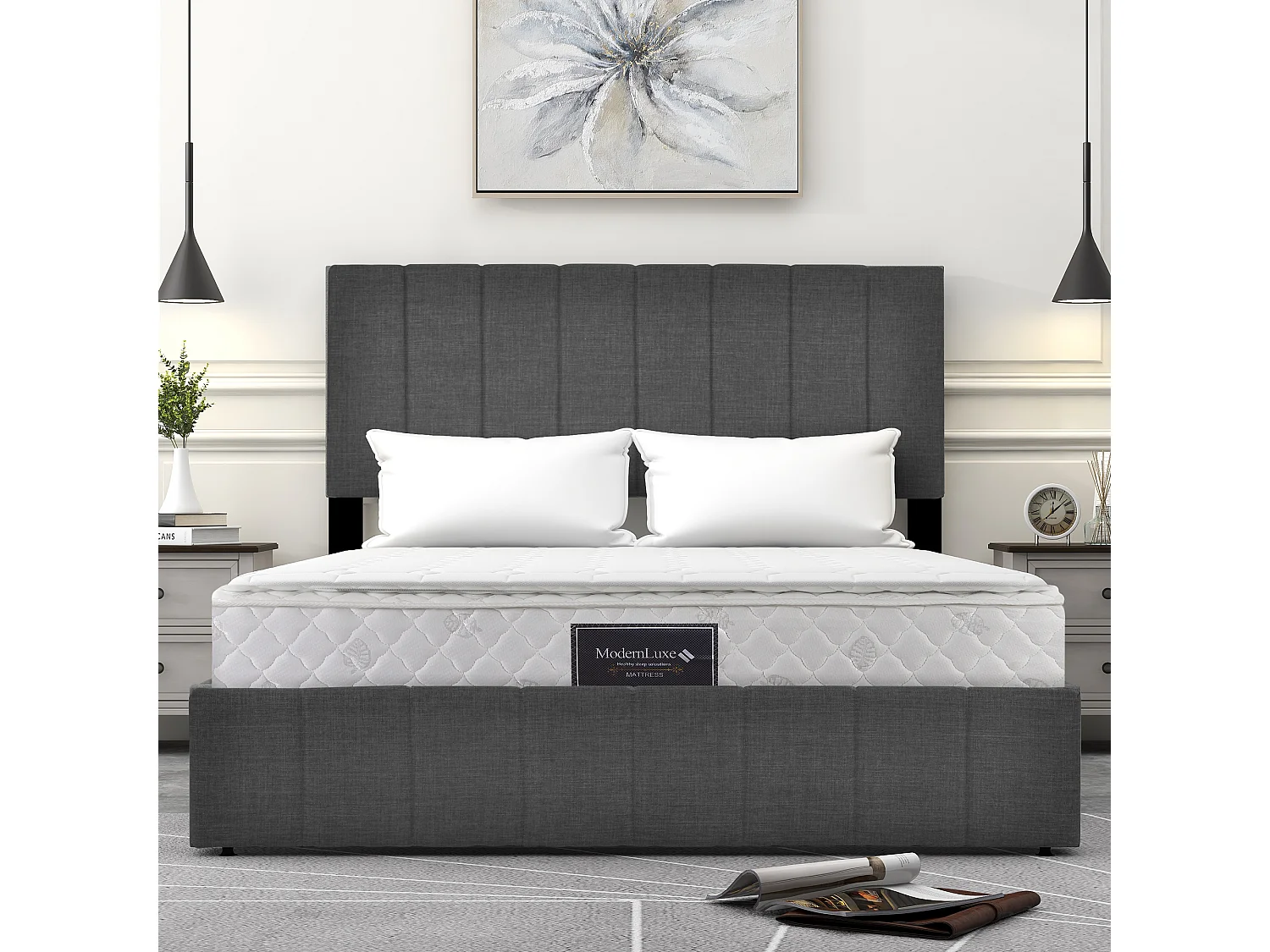 Opbergbed 140 x 200 cm - linnen stof - lattenbodem - kleur grijs + matras