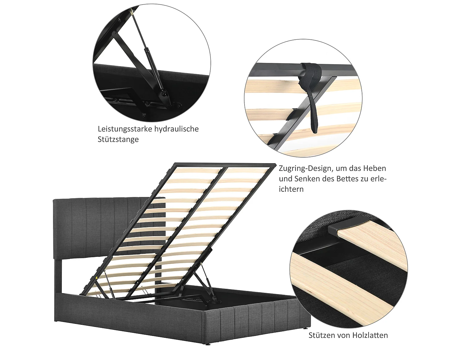 Opbergbed 140 x 200 cm - linnen stof - lattenbodem - kleur grijs + matras