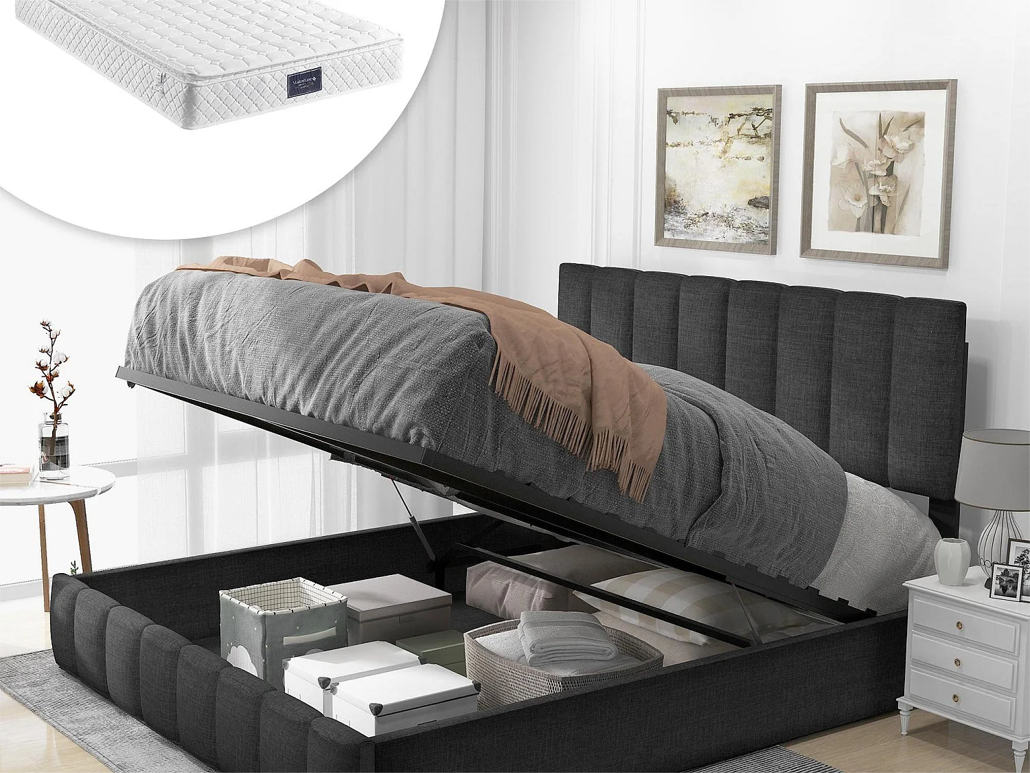 Opbergbed 140 x 200 cm - linnen stof - lattenbodem - kleur grijs + matras