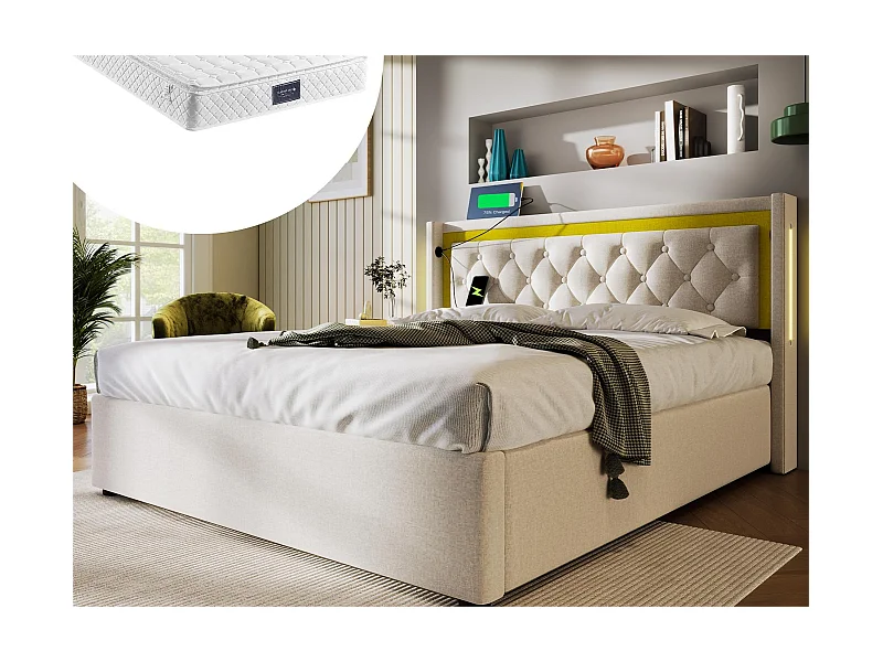 Bett mit Stauraum 140 x 200 cm – Baumwolle – USB Typ C und LEDs – Farbe Beige + Matratze