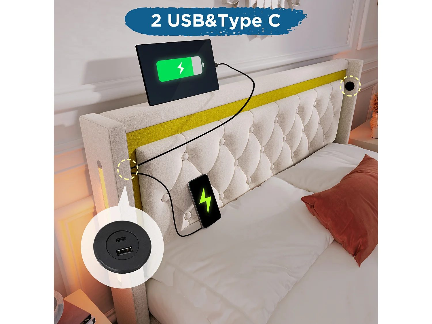 Bett mit Stauraum 140 x 200 cm – Baumwolle – USB Typ C und LEDs – Farbe Beige + Matratze