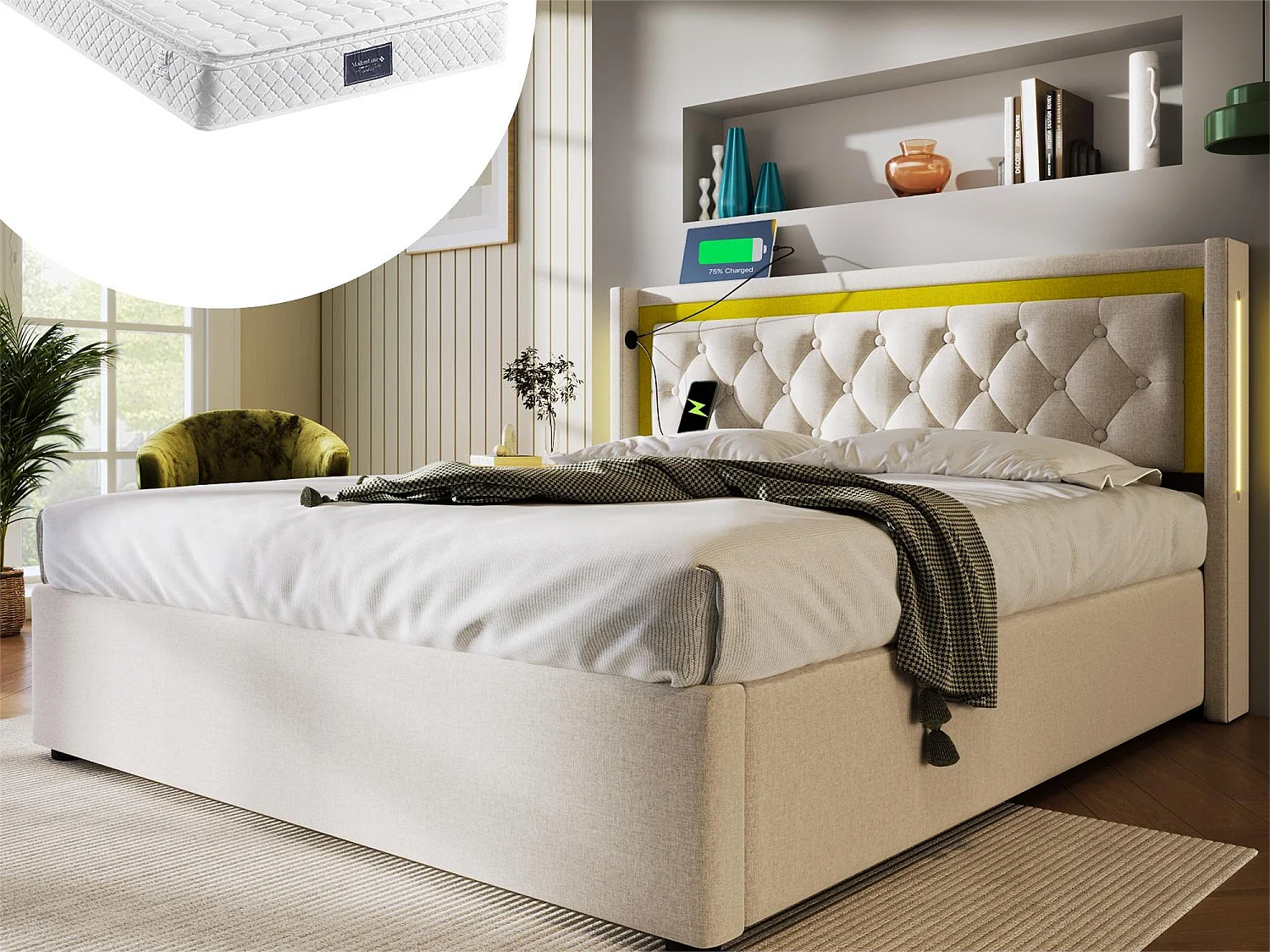 Lit coffre 140 x 200 cm - coton - USB Type C et LEDs - coloris beige + matelas