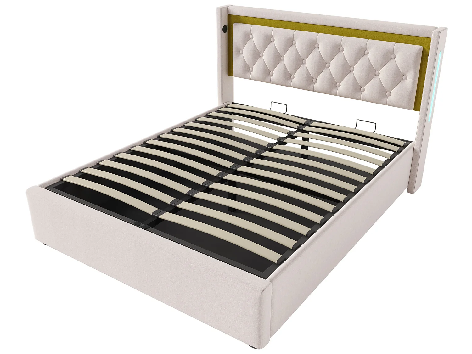 Lit coffre 140 x 200 cm - coton - USB Type C et LEDs - coloris beige + matelas
