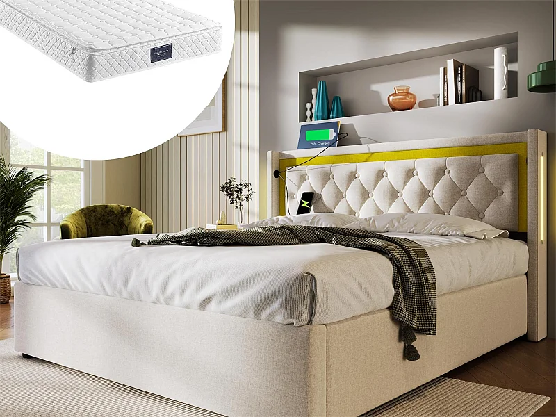 Łóżko ze schowkiem 160 x 200 cm - bawełna - USB Typ C i LED - kolor beżowy + materac