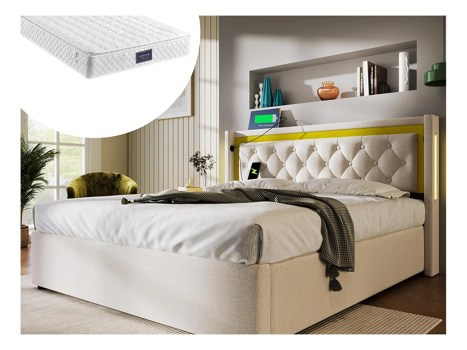 Lit coffre 160 x 200 cm - coton - USB Type C et LEDs - coloris beige + matelas